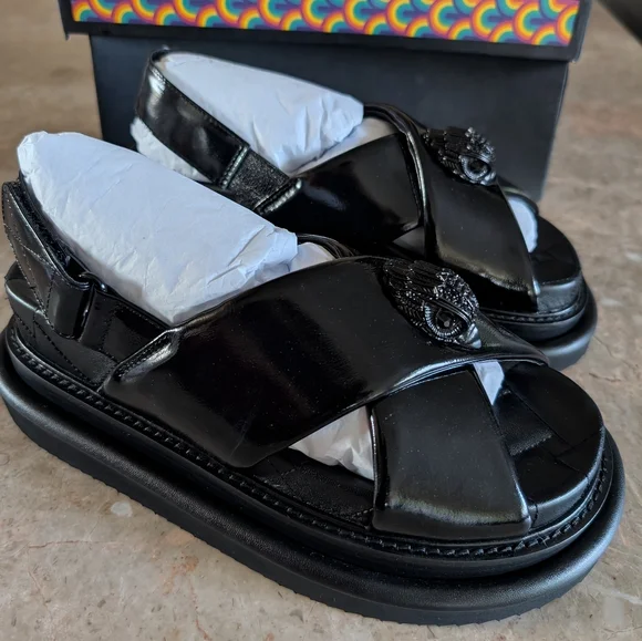 Kurt Geiger Landon Oroson Patent Cross Strap Platform Black Leather Sandal $240 - Picture 3 of 11